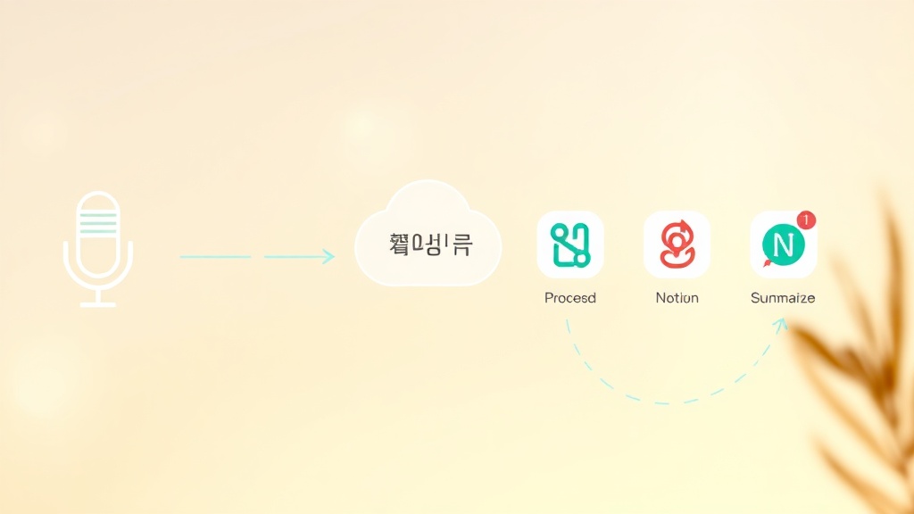 AI 회의록 툴을 활용한 회의 녹음, 처리, 요약, 공유의 단계별 워크플로우 다이어그램