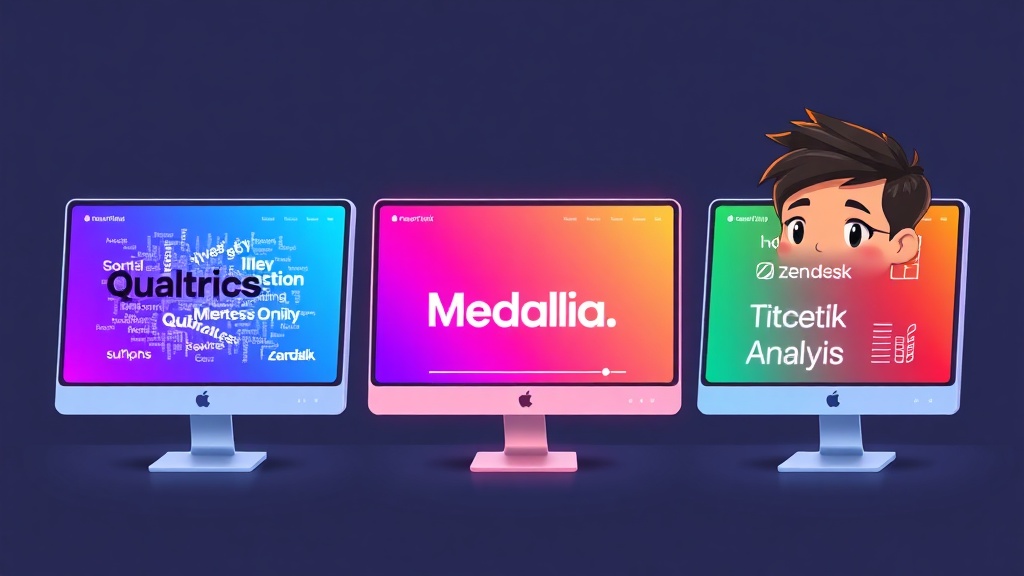 Qualtrics, Medallia, Zendesk 세 가지 AI 고객 피드백 분석 툴의 핵심 기능을 시각적으로 비교하는 깔끔한 일러스트