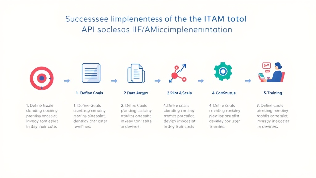 AI 기반 ITAM/SAM 툴 도입 및 활용을 위한 5단계 실전 가이드를 보여주는 단계별 인포그래픽