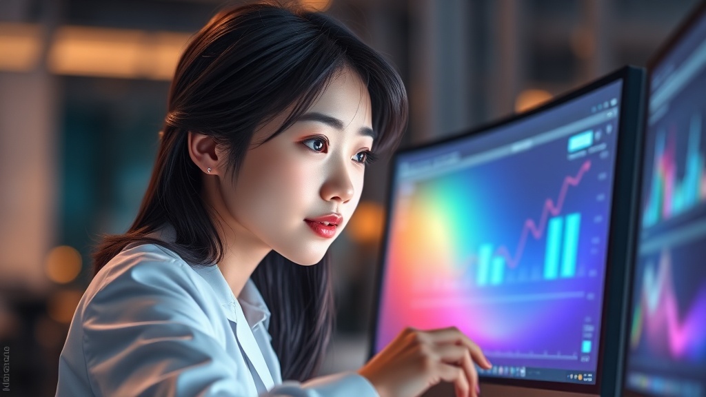 AI가 분석한 테스트 결과를 검토하며 최적화 방안을 모색하는 한국인 QA 전문가