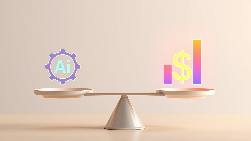 AI 투자와 비즈니스 가치 및 ROI가 정확히 균형을 이루고 있는 저울의 컨셉 일러스트. AI 투자의 중요성과 그에 따른 가치 측정을 상징적으로 나타냅니다.