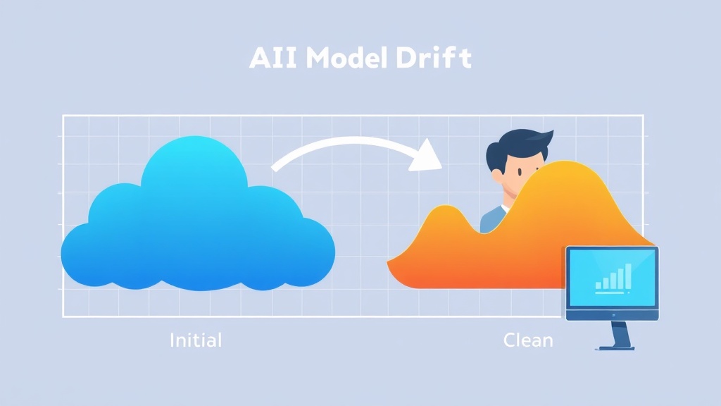 AI 모델 드리프트 개념을 시각화한 그림: 변화된 데이터 분포와 성능 저하를 나타내는 구름 이미지