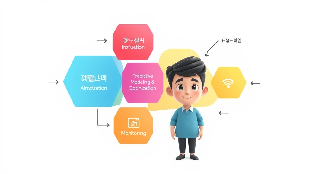 AI 기반 자원 배분 워크플로우를 추상적인 도형과 화살표로 시각화한 데이터 흐름 일러스트