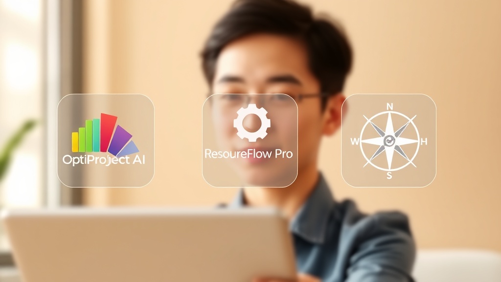 AI 기반 자원 배분 추천 툴 3가지(OptiProject AI, ResourceFlow Pro, StratAIze)의 핵심 기능을 상징하는 아이콘이 담긴 비교 일러스트