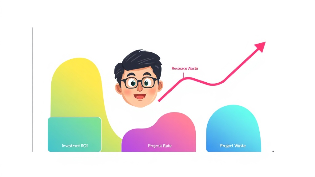AI 도입 후 투자 ROI, 프로젝트 성공률 증가 및 자원 낭비 감소를 보여주는 추상적인 그래프