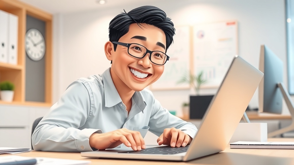 노트북으로 업무 자동화 솔루션을 쉽게 사용하는 한국인 남성