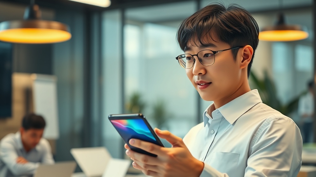 태블릿으로 AI 프로젝트 ROI 그래프를 확인하며 성공적인 결과를 확인하는 한국인 비즈니스 전문가