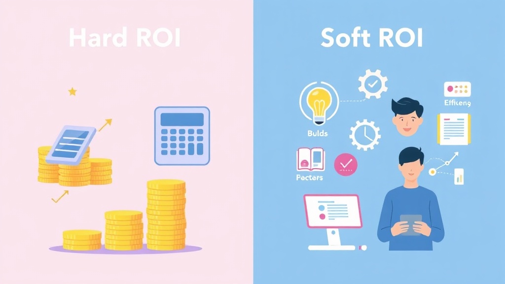 하드 ROI(비용 절감, 매출 증대)와 소프트 ROI(고객 만족, 혁신)를 시각적으로 비교하는 인포그래픽