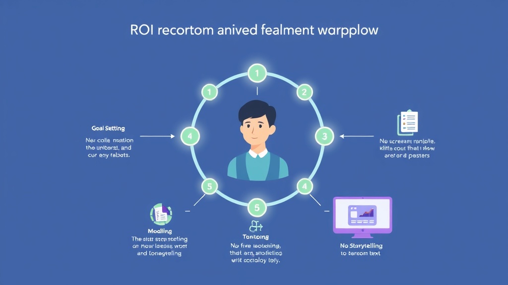 AI 프로젝트 ROI 증명을 위한 5단계 프레임워크를 보여주는 단계별 다이어그램 일러스트