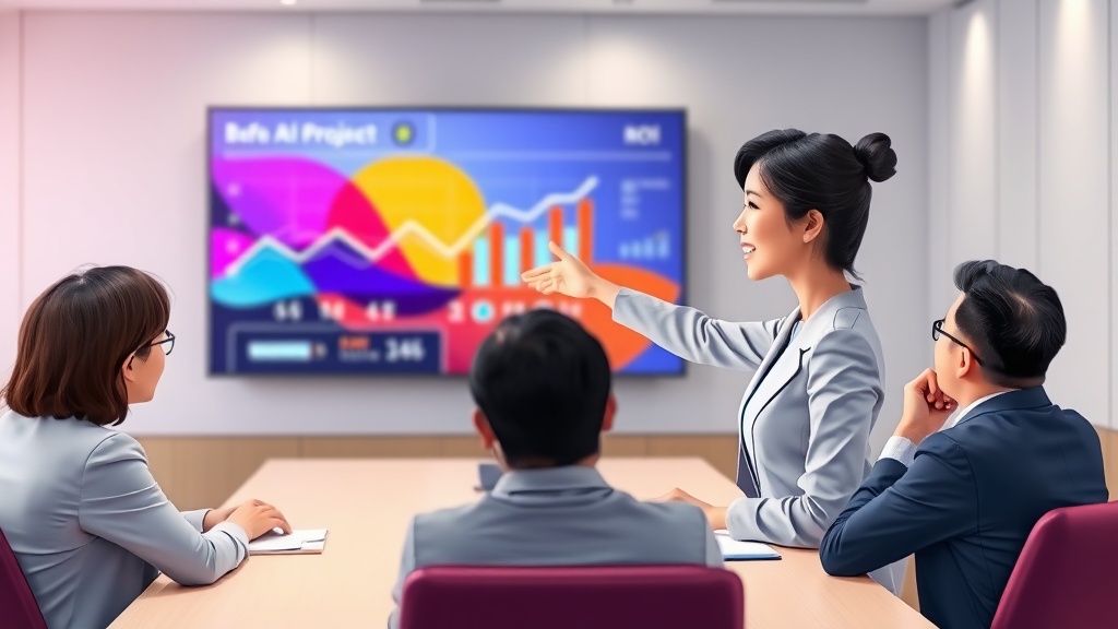 AI 프로젝트 ROI 성과 보고서를 발표하며 경영진을 설득하는 한국인 여성 발표자