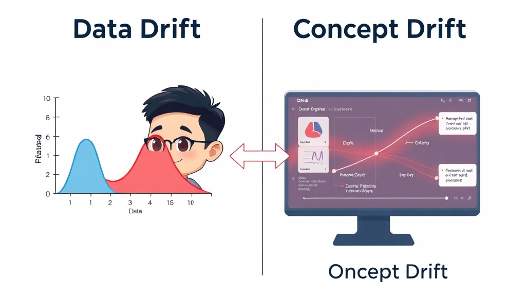 데이터 드리프트와 개념 드리프트의 차이점을 명확히 보여주는 비교 다이어그램