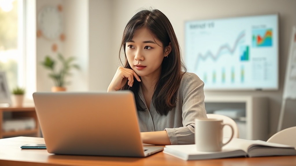 AI 기반 콘텐츠 기획 툴로 마케팅 아이디어를 구상하는 한국인 여성 마케터의 모습