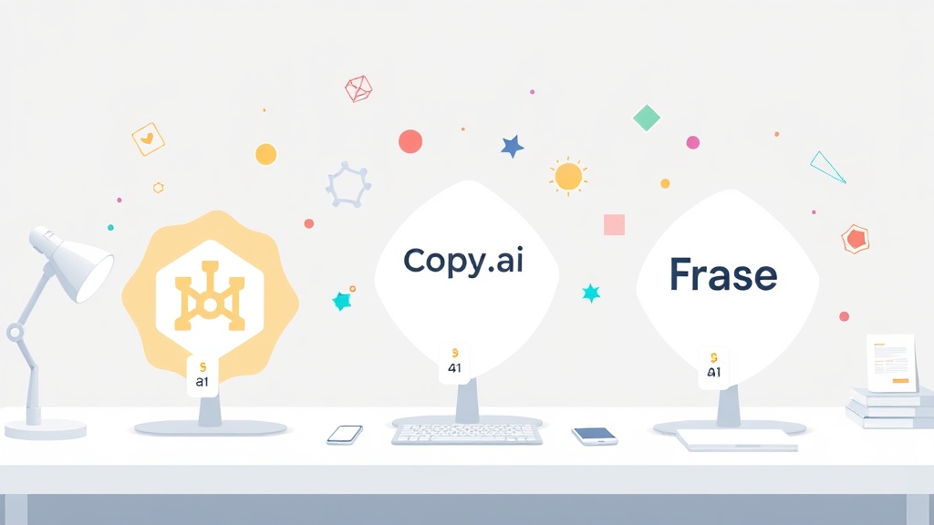 Jasper AI, Copy.ai, Frase.io 등 3가지 AI 마케팅 툴을 상징하는 카드와 가격표가 놓여 있는 비교 시각화
