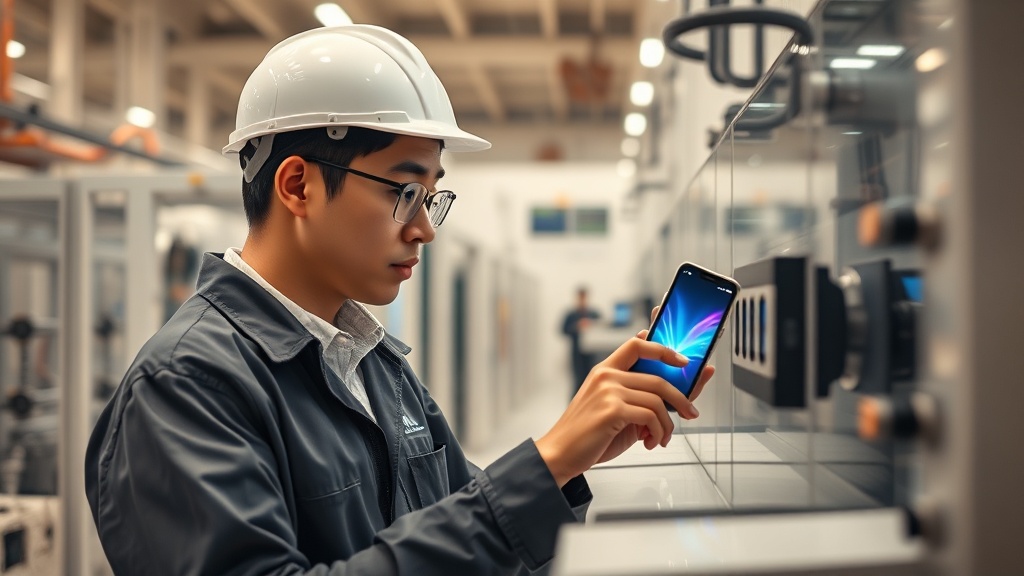 IoT 센서가 부착된 최신 산업 기계를 태블릿으로 확인하는 한국인 엔지니어