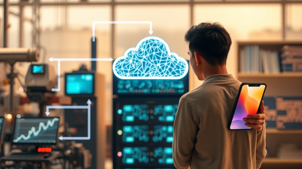 IoT 센서 데이터 수집부터 AI 분석, 예측 결과 시각화까지의 추상적인 데이터 흐름 일러스트