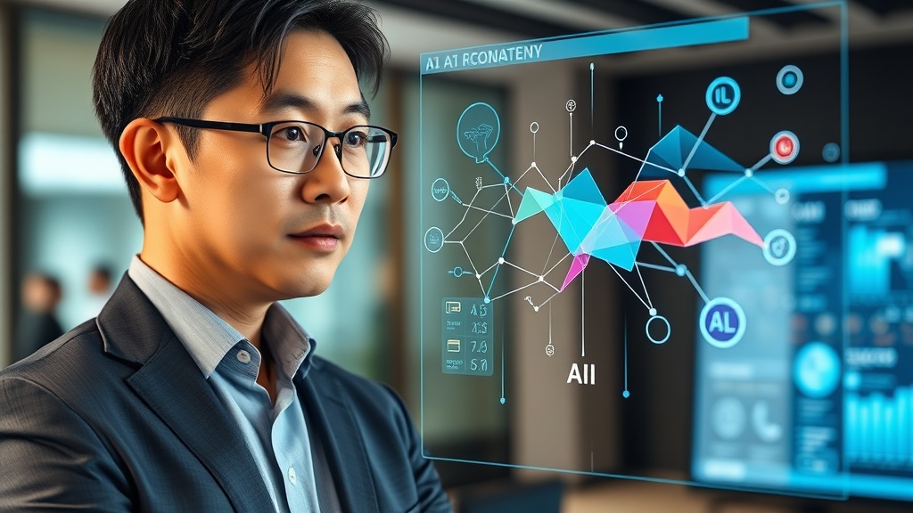 AI 데이터 전략 및 거버넌스 개념을 보여주는 홀로그램 디스플레이를 보는 한국인 비즈니스 전문가