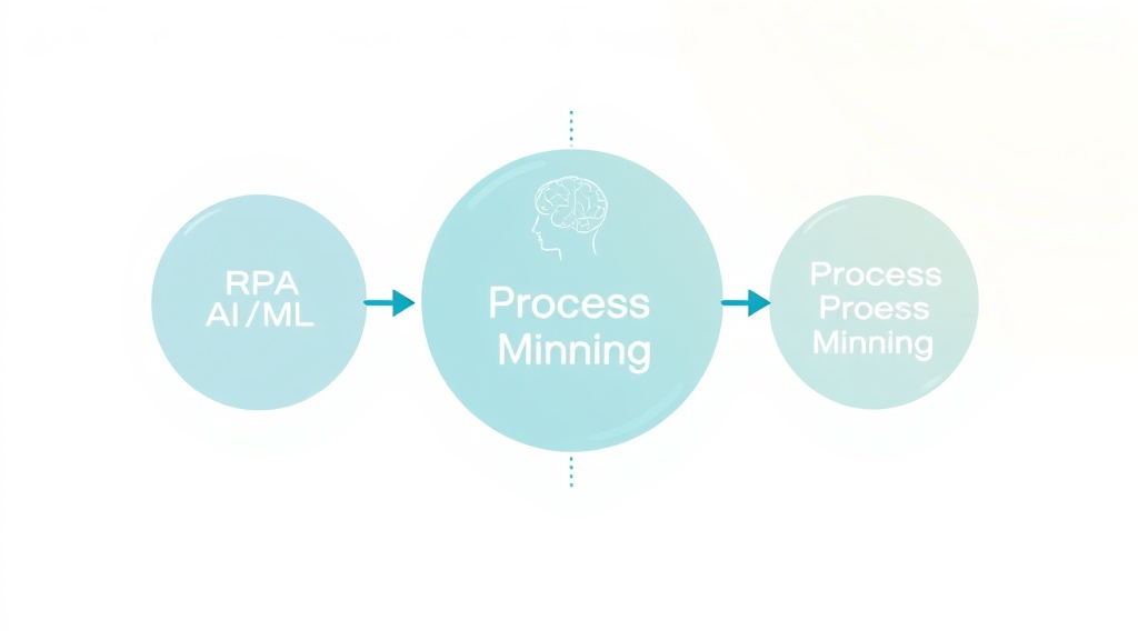 RPA, AI/ML, 프로세스 마이닝 기술이 하이퍼오토메이션으로 통합되는 과정을 보여주는 SVG 다이어그램