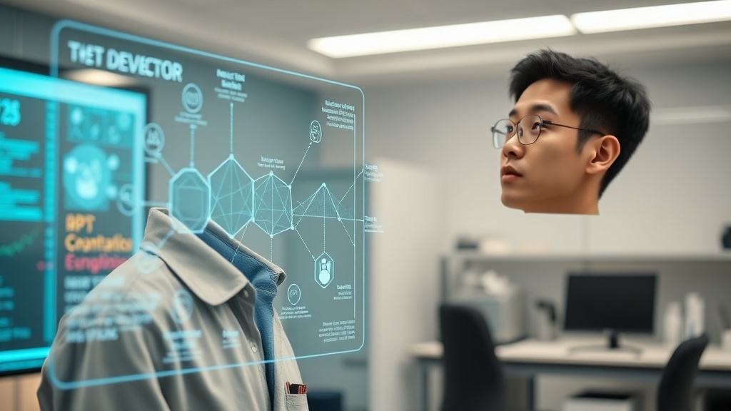 AI 기반 R&D 전략 최적화 툴의 중요성을 보여주는, 홀로그램으로 기술 트렌드를 분석하는 한국인 연구원