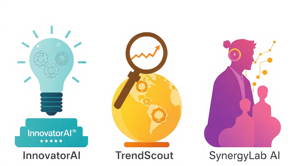 InnovatorAI, TrendScout, SynergyLab AI 등 세 가지 주요 AI R&D 툴의 특징을 시각적으로 비교한 일러스트