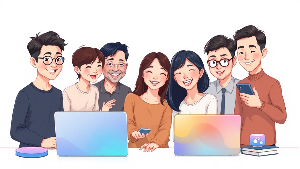 다양한 한국인 사용자들이 노트북과 스마트폰 등 여러 기기에서 미니멀한 AI 서비스 인터페이스와 상호작용하며 긍정적인 참여를 보여줍니다. 추상적인 데이터 요소들이 배경에 희미하게 보이며 사용자와 AI를 연결합니다.