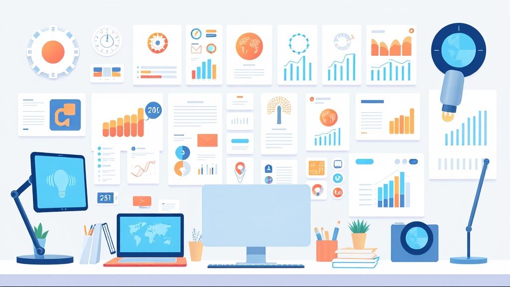 AI UX 디자이너를 위한 개념적인 도구 키트 이미지. 다양한 추상적인 디자인 도구, 연구 아이콘, 데이터 시각화 요소들이 현대적이고 깔끔한 책상 위에 정돈되어 있으며, 은은한 빛이 혁신과 효율성을 암시합니다.