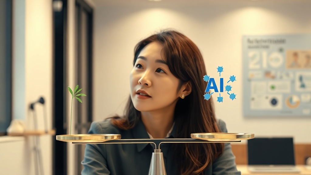 책임감 있는 AI의 균형을 상징하는 저울을 응시하는 한국인 여성