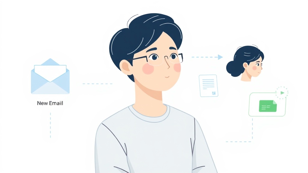 Gmail 이메일 자동화 필터 및 규칙 적용 흐름을 보여주는 개념 일러스트