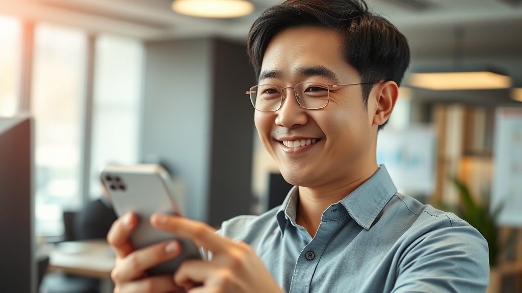 스마트폰으로 이메일과 일정을 스마트하게 관리하며 미소 짓는 한국 남성