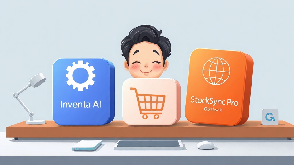 AI 재고 최적화 툴 3대장(Inventa AI, StockSync Pro, OptiFlow X)의 핵심 기능을 상징하는 비교 카드