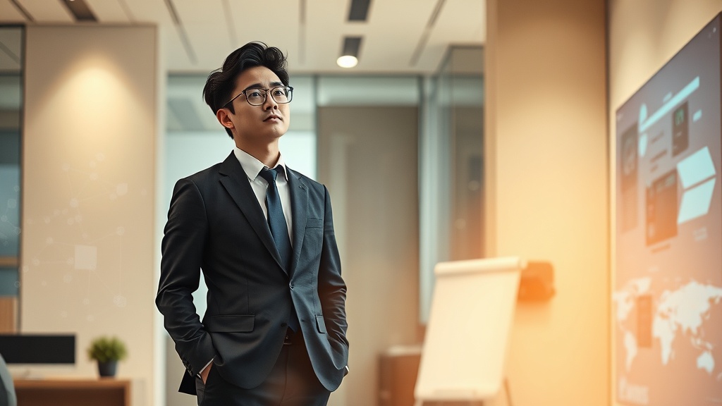 AI 시대 데이터 거버넌스 리더십을 상징하는 한국인 비즈니스 전문가와 추상적인 데이터 흐름 이미지