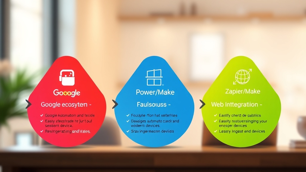 Google Apps Script, Power Automate, Zapier/Make 노코드/로우코드 툴의 주요 특징과 활용 분야를 비교하는 인포그래픽