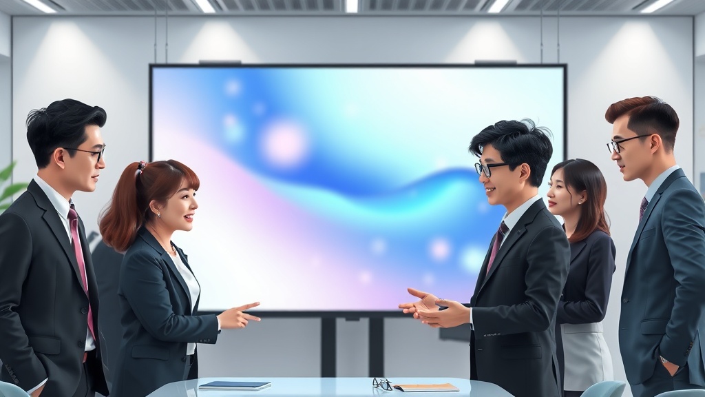 AI 법률 툴 도입 후 협업하는 법률 전문가들: 흐릿한 AI 데이터 화면 앞에서 논의하며 AI가 제공하는 정보를 활용하는 한국인 법무팀의 모습
