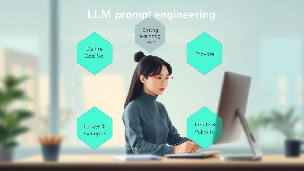 LLM 프롬프트 엔지니어링의 5단계 실전 가이드를 나타내는 깔끔한 순서도 다이어그램