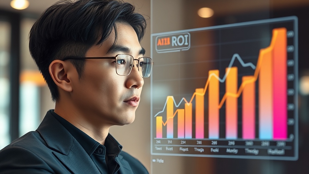 AI 프로젝트 ROI 측정 대시보드를 보는 한국인 사업가