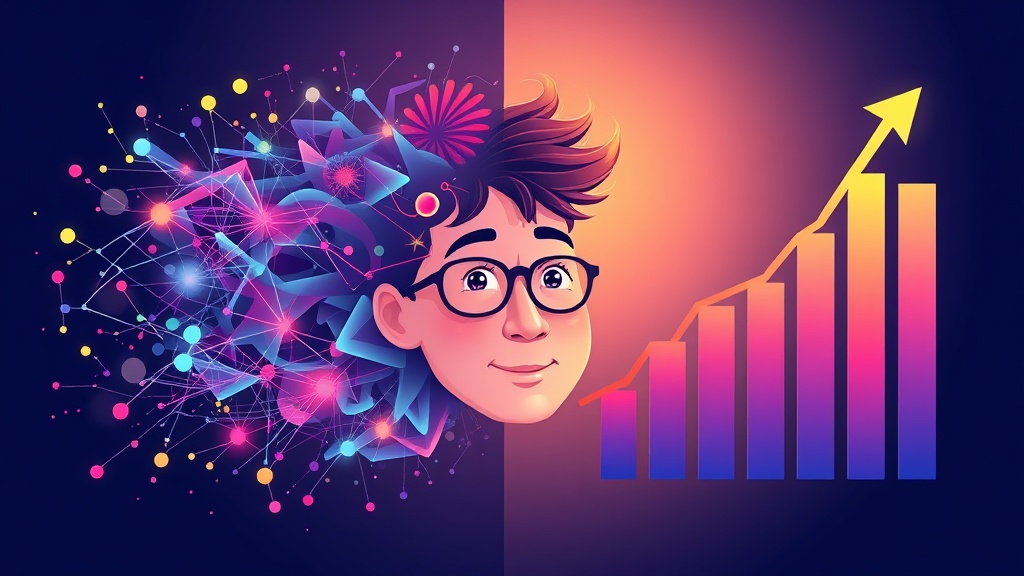 AI 데이터의 복잡성과 측정된 성과의 명확성을 시각화한 추상적인 일러스트