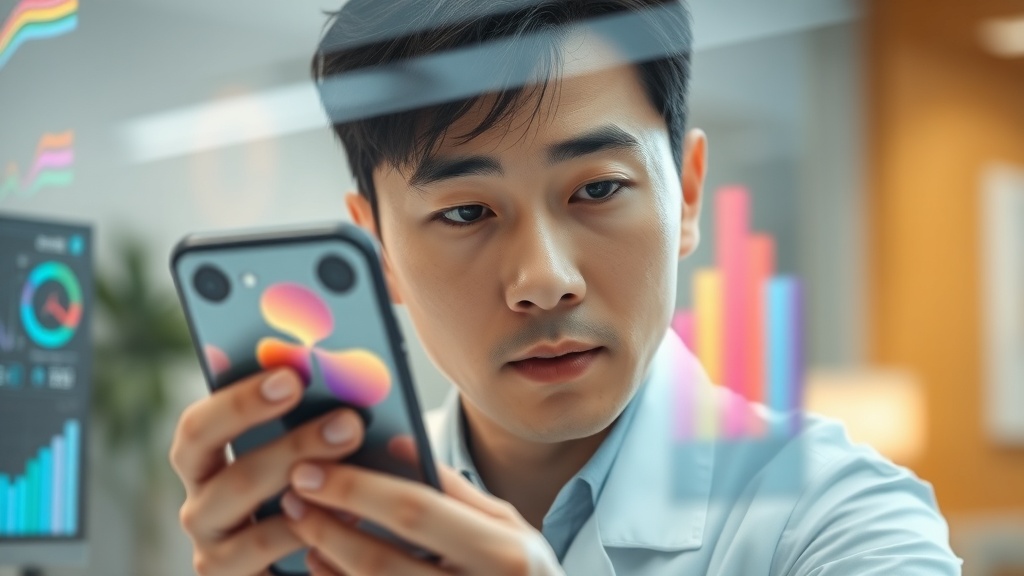 미래형 태블릿으로 AI 모델 드리프트 그래프를 분석하는 한국인 데이터 과학자