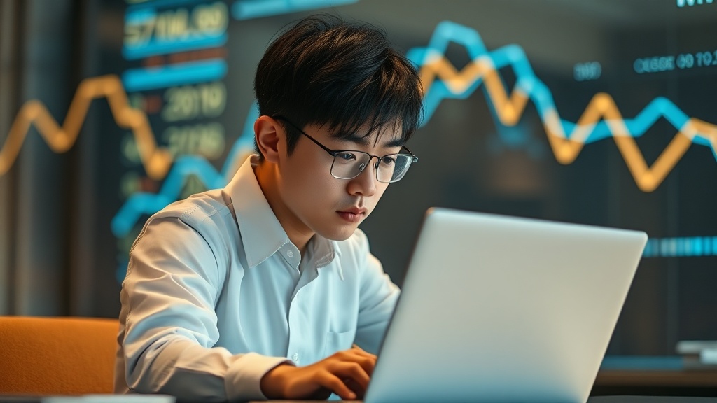 노트북에서 데이터 시각화를 분석하며 AI 기반 합성 데이터의 보안과 혁신을 상징적으로 보여주는 한국인 데이터 과학자