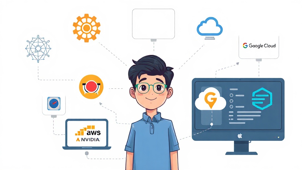 Kubernetes, Ray, NVIDIA, AWS, Google Cloud 등 다양한 AI 인프라 도구들이 상호 연결된 개념적 일러스트