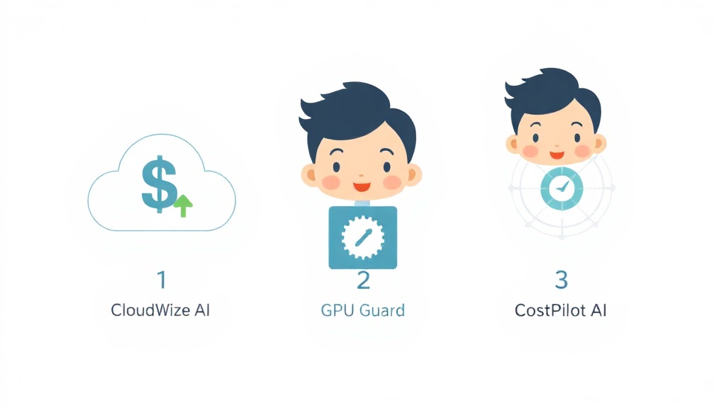 AI 클라우드 비용 최적화 툴 CloudWize AI, GPU Guard, CostPilot AI를 상징하는 세 가지 카드