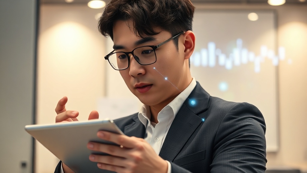 AI 학습 데이터 거버넌스 다이어그램을 진지하게 검토하는 한국인 비즈니스 전문가의 모습