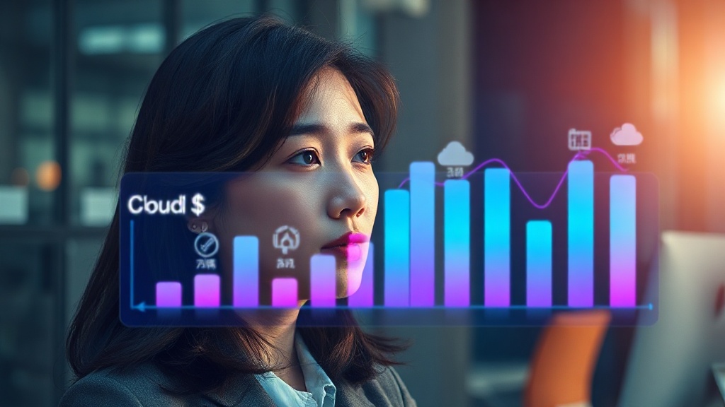 AI 기반 클라우드 비용 최적화 대시보드를 보는 한국인 여성 전문가의 모습