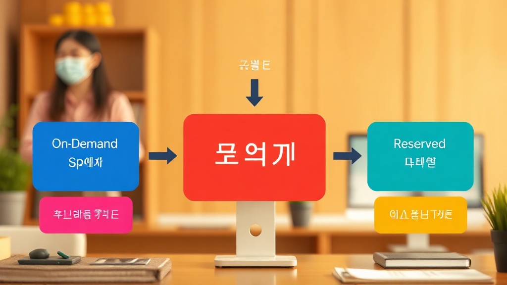 클라우드 인스턴스 유형(온디맨드, 스팟, 예약)별 비용 효율성을 비교하는 기술 다이어그램