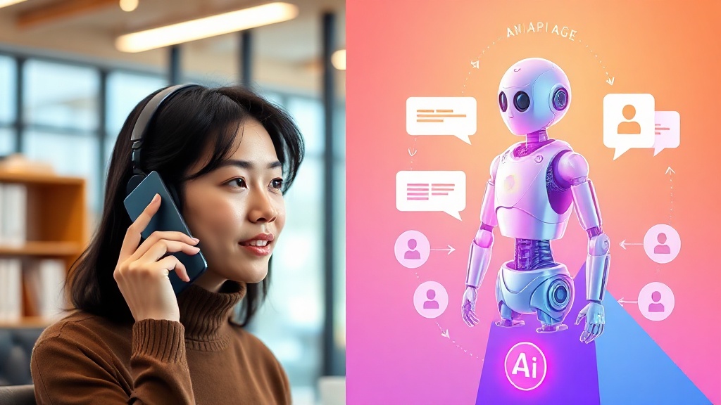 AI 챗봇, 콜봇, 실시간 상담원 지원 시스템이 통합되어 고객 문의를 처리하는 모습