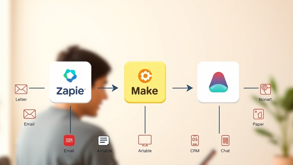 Zapier, Make, Airtable 세 가지 주요 노코드/로우코드 자동화 툴의 통합 및 데이터 흐름을 보여주는 개념도
