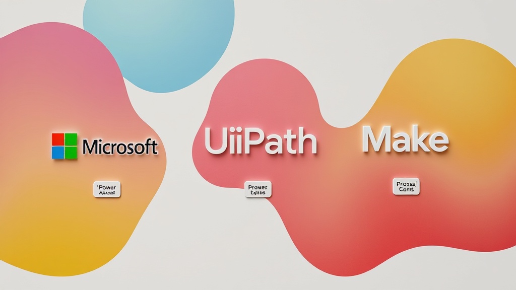 Microsoft Power Automate, UiPath, Make 등 주요 RPA 툴의 로고와 간단한 특징을 시각적으로 비교한 이미지