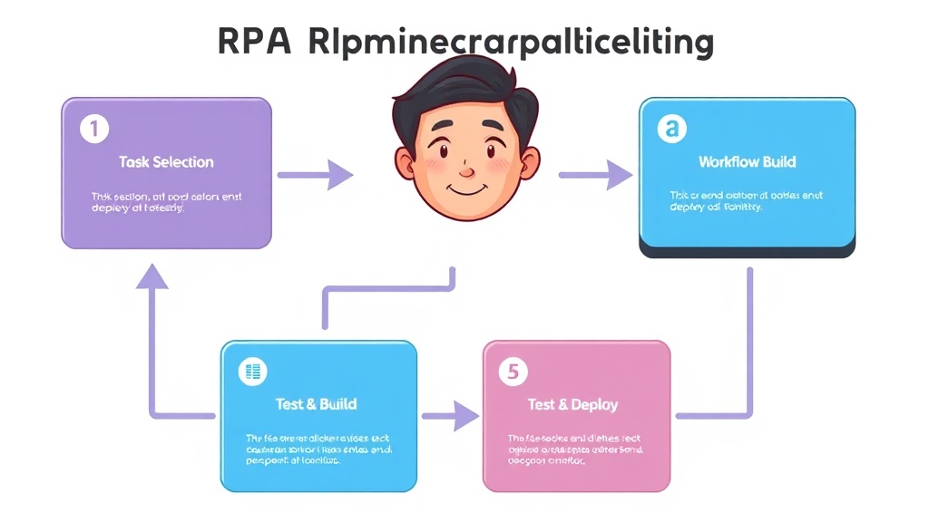 RPA 도입의 5단계(업무 선정, 툴 설정, 워크플로우 구축, 테스트, 배포)를 순서대로 보여주는 흐름도 인포그래픽