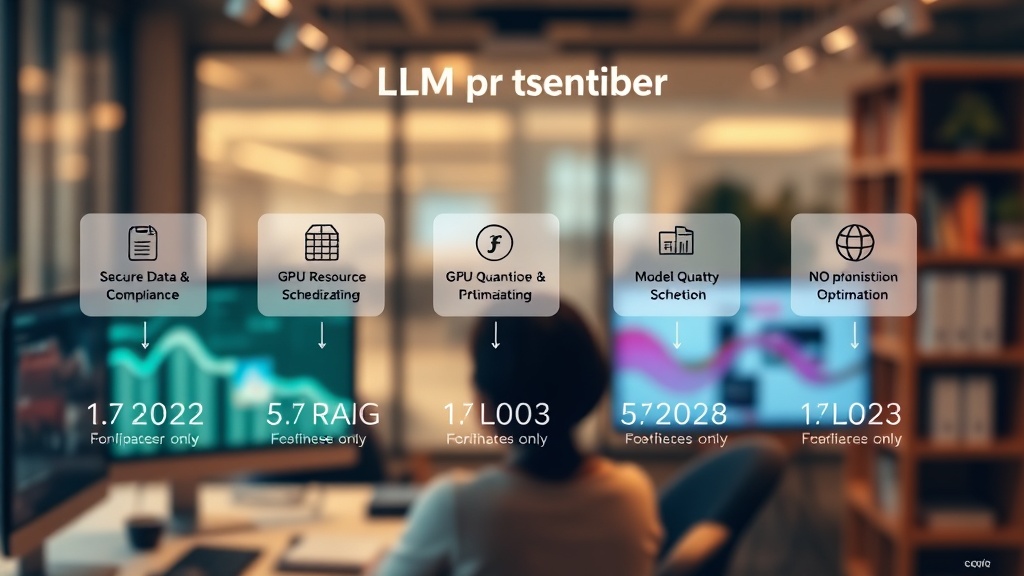 데이터 보안, GPU 최적화, 모델 경량화, RAG 통합, MLOps 등 온프레미스 LLM 최적화 5단계 프로세스를 나타내는 워크플로우 다이어그램