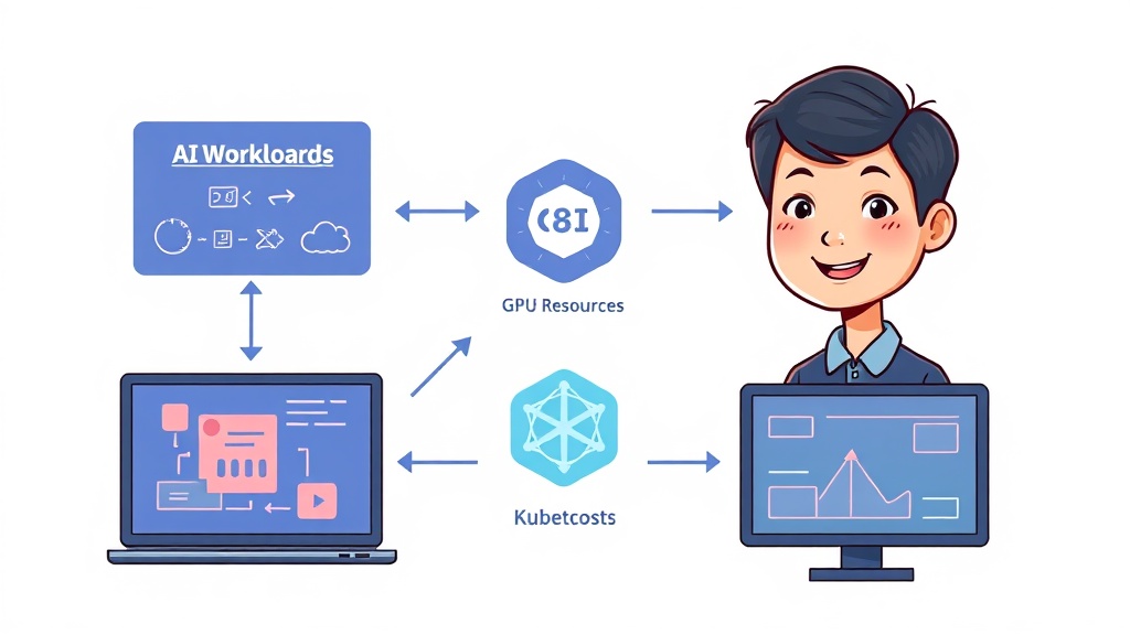 Kubernetes 클러스터에서 AI 워크로드의 GPU 자원 할당 및 Kubecost 모니터링 흐름 다이어그램