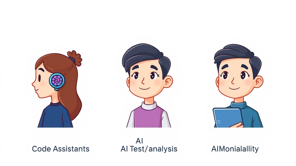 AI 코드 도우미, AI 테스트/코드 분석, AI 기반 모니터링 도구들을 비교하는 시각적 아이콘