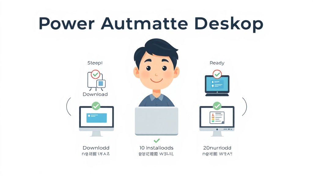 Power Automate Desktop 설치 과정을 나타내는 5단계 다이어그램: 다운로드, 설치, 로그인, 준비 완료 아이콘